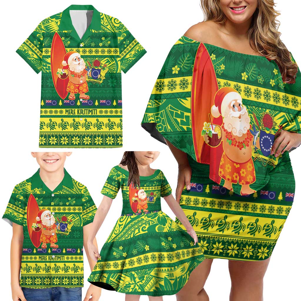 Cook Islands Christmas Family Matching Off Shoulder Short Dress and Hawaiian Shirt Surfing Santa Mere Kiritimiti - Polynesian Pride