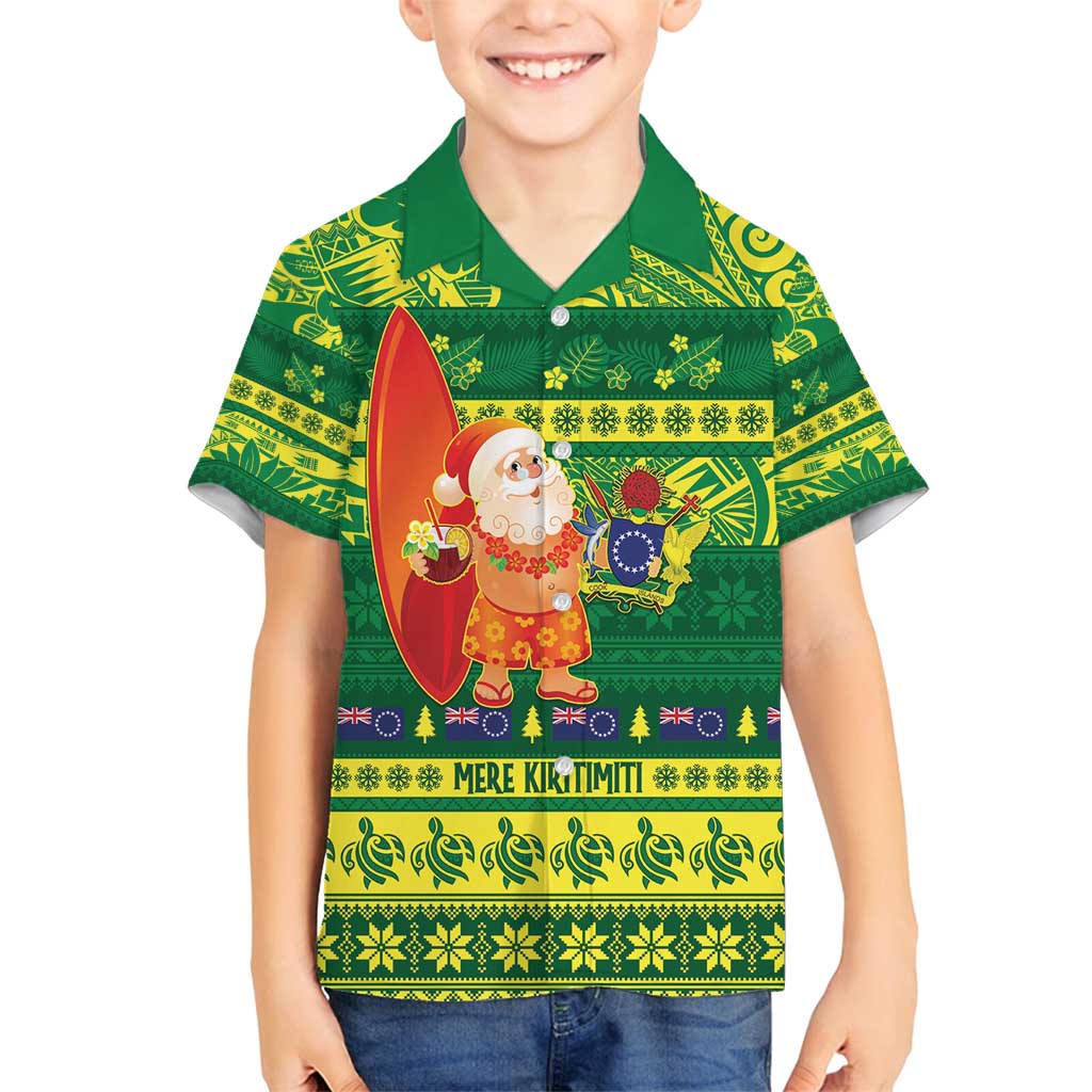 Cook Islands Christmas Family Matching Off Shoulder Short Dress and Hawaiian Shirt Surfing Santa Mere Kiritimiti - Polynesian Pride