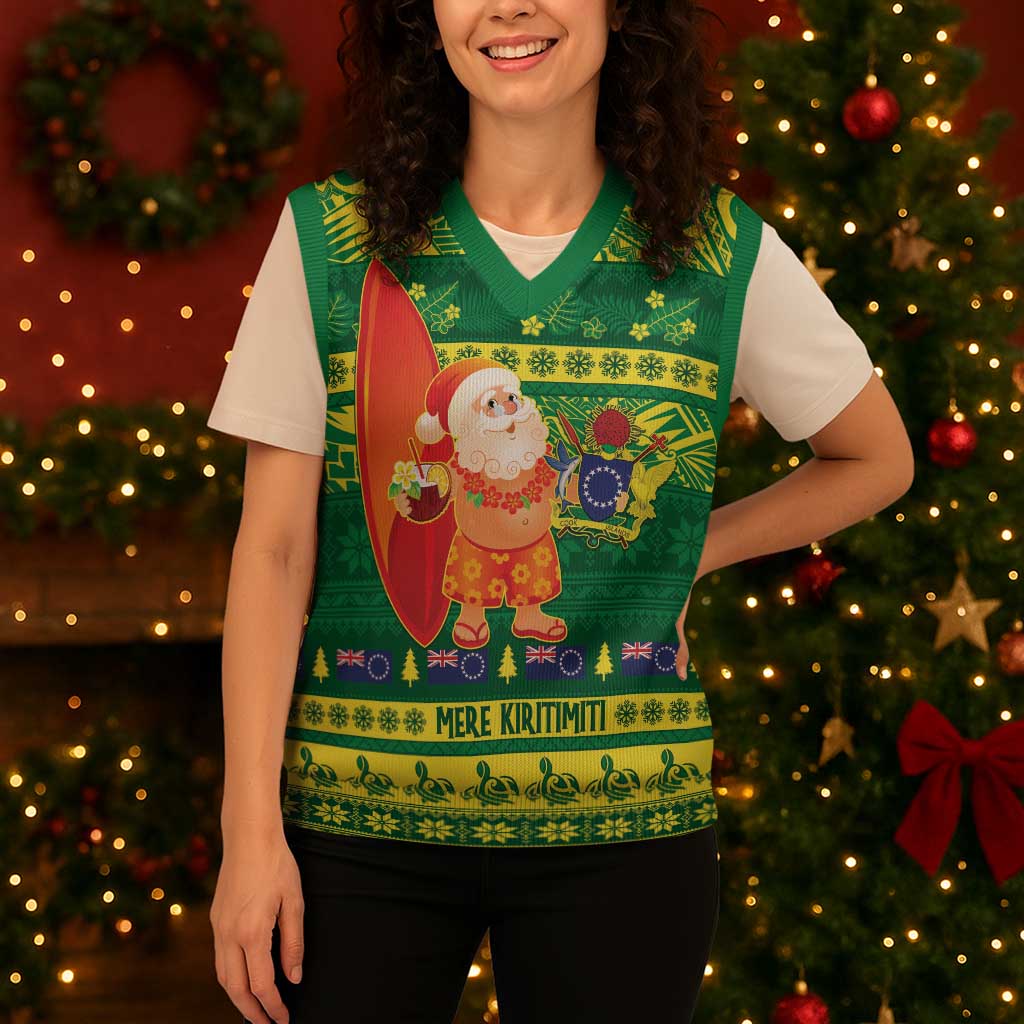 Cook Islands Christmas Knitted V-Neck Vest Surfing Santa Mere Kiritimiti LT14 - Polynesian Pride
