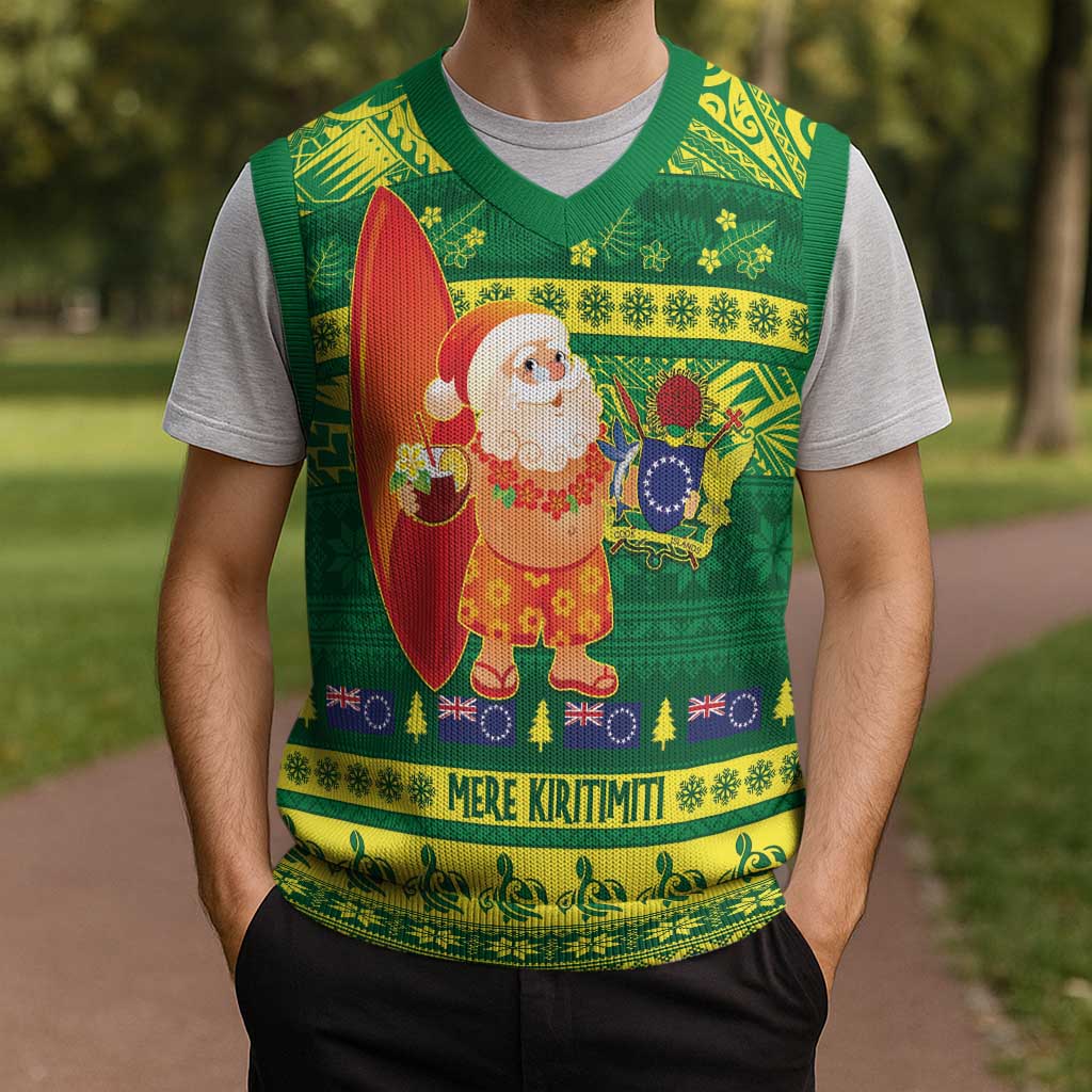 Cook Islands Christmas Knitted V-Neck Vest Surfing Santa Mere Kiritimiti LT14 - Polynesian Pride