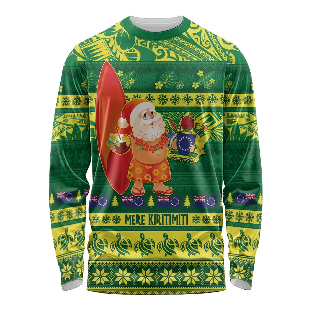 Cook Islands Christmas Long Sleeve Shirt Surfing Santa Mere Kiritimiti - Polynesian Pride