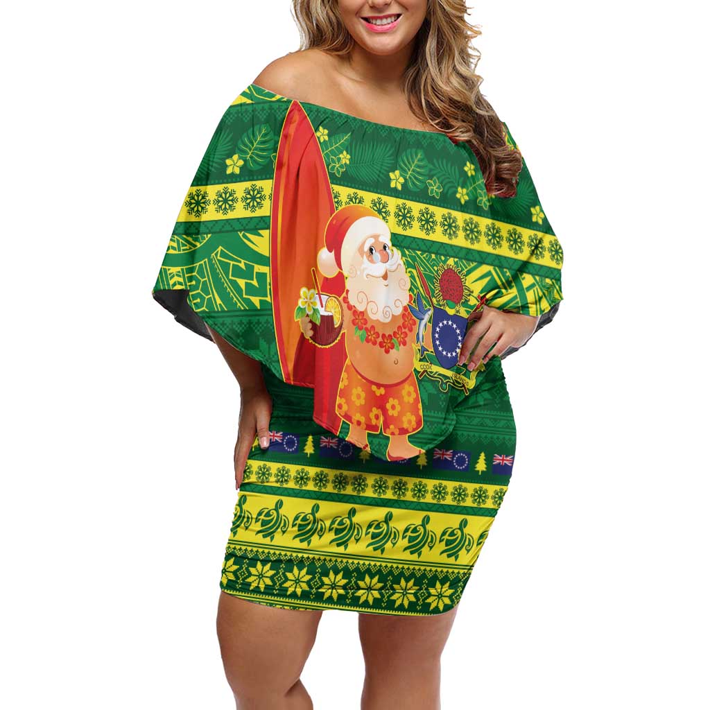 Cook Islands Christmas Off Shoulder Short Dress Surfing Santa Mere Kiritimiti - Polynesian Pride