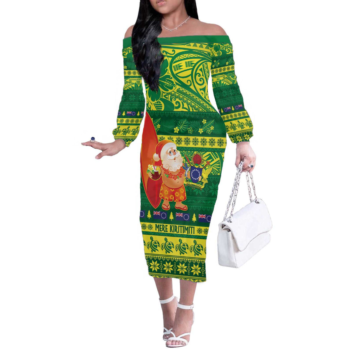 Cook Islands Christmas Off The Shoulder Long Sleeve Dress Surfing Santa Mere Kiritimiti LT14 Women Green - Polynesian Pride