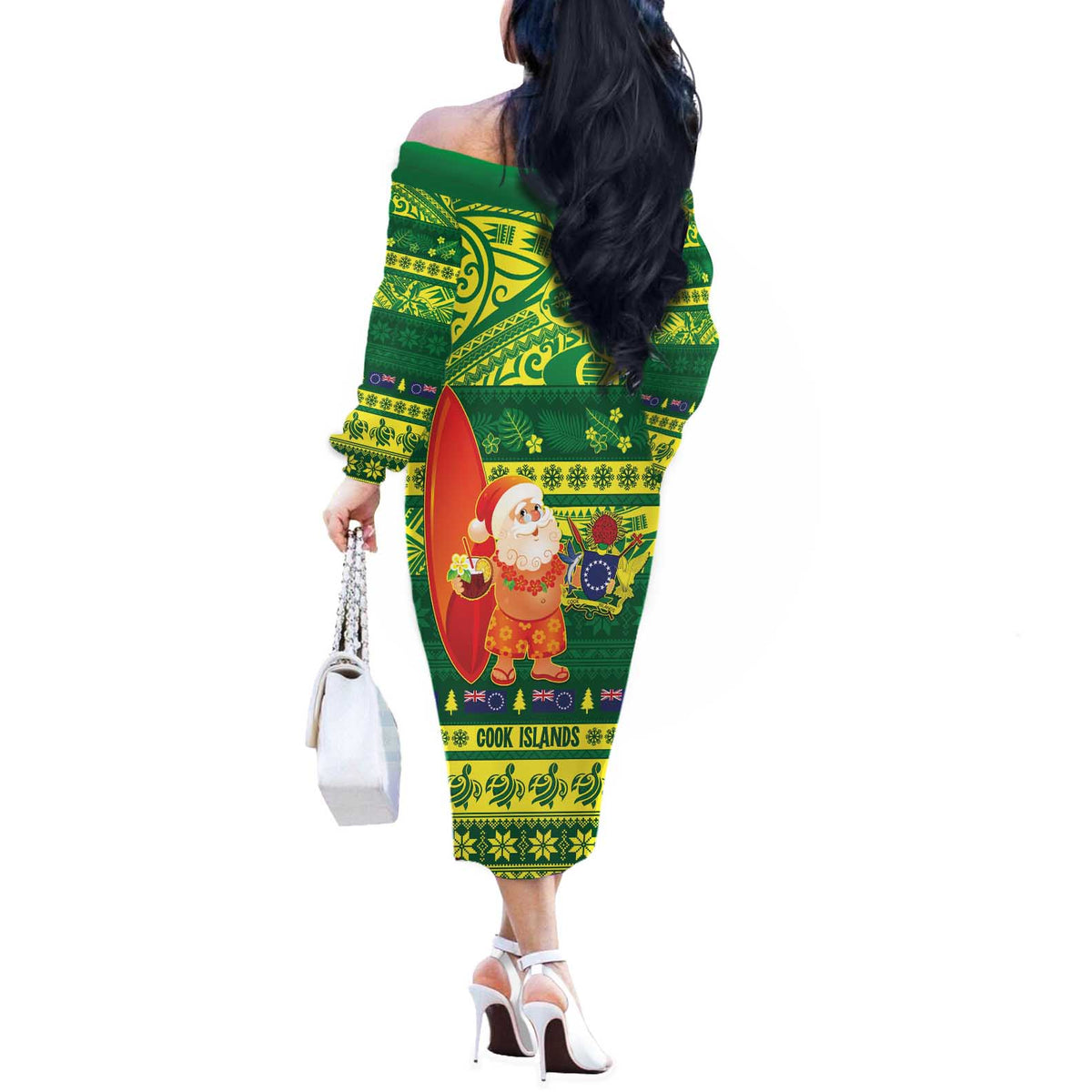 Cook Islands Christmas Off The Shoulder Long Sleeve Dress Surfing Santa Mere Kiritimiti LT14 - Polynesian Pride