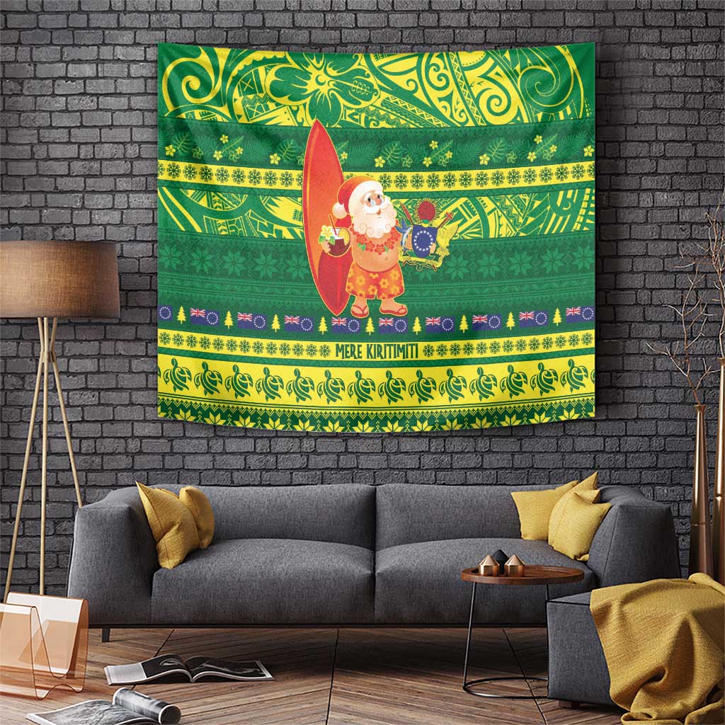 Cook Islands Christmas Tapestry Surfing Santa Mere Kiritimiti LT14 Green - Polynesian Pride