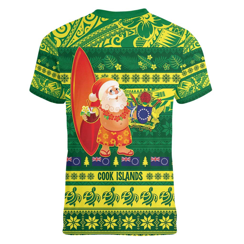 Cook Islands Christmas Women V-Neck T-Shirt Surfing Santa Mere Kiritimiti - Polynesian Pride