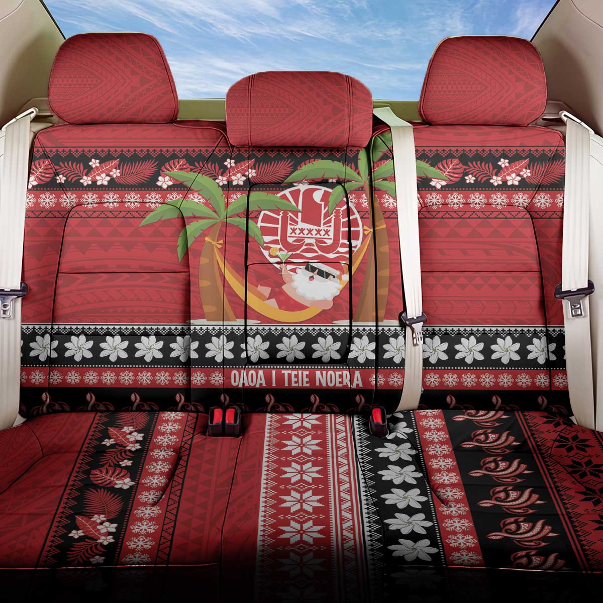 French Polynesia Christmas Back Car Seat Cover Tiare Chilling Santa Oaoa I teie Noera - Polynesian Pride