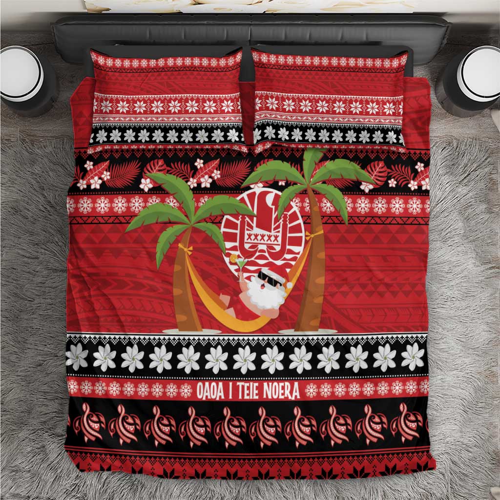 French Polynesia Christmas Bedding Set Tiare Chilling Santa Oaoa I teie Noera LT14 Red - Polynesian Pride