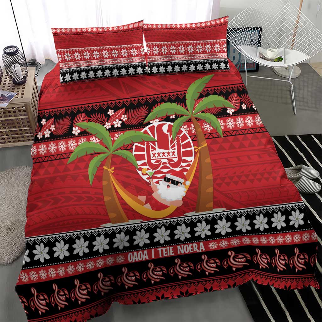 French Polynesia Christmas Bedding Set Tiare Chilling Santa Oaoa I teie Noera LT14 - Polynesian Pride