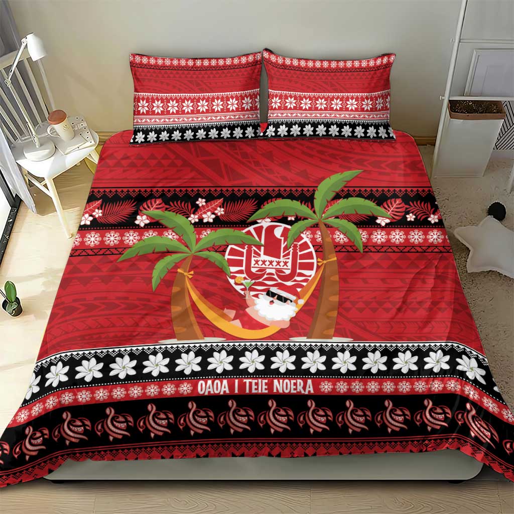 French Polynesia Christmas Bedding Set Tiare Chilling Santa Oaoa I teie Noera LT14 - Polynesian Pride