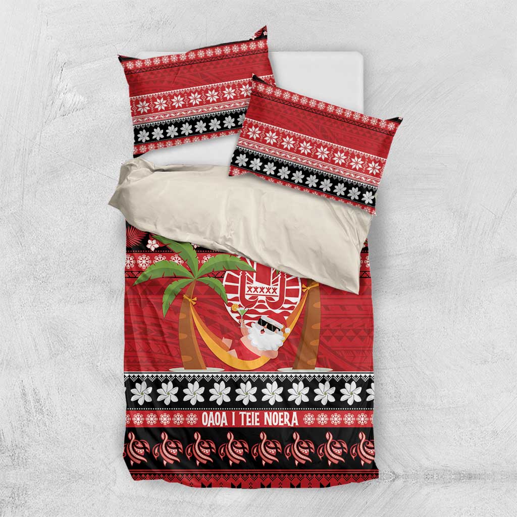 French Polynesia Christmas Bedding Set Tiare Chilling Santa Oaoa I teie Noera LT14 US Twin 172cm x 218cm Red - Polynesian Pride