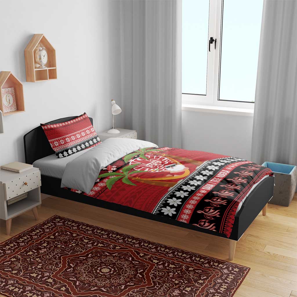 French Polynesia Christmas Bedding Set Tiare Chilling Santa Oaoa I teie Noera LT14 - Polynesian Pride