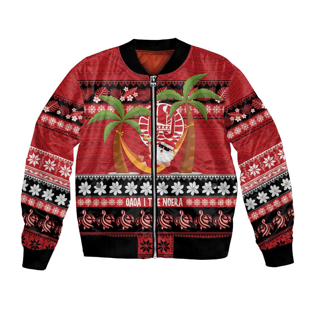 French Polynesia Christmas Bomber Jacket Tiare Chilling Santa Oaoa I teie Noera LT14 Unisex Red - Polynesian Pride