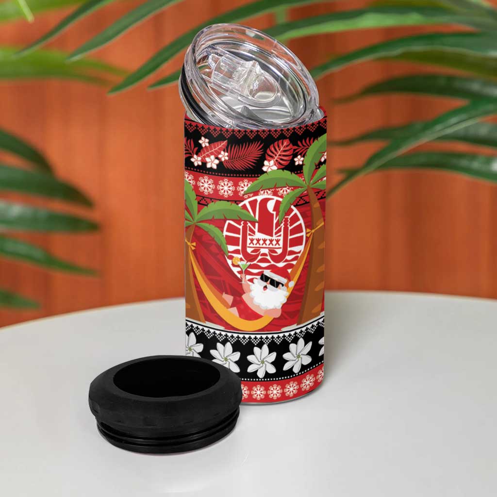 French Polynesia Christmas 4 in 1 Can Cooler Tumbler Tiare Chilling Santa Oaoa I teie Noera - Polynesian Pride