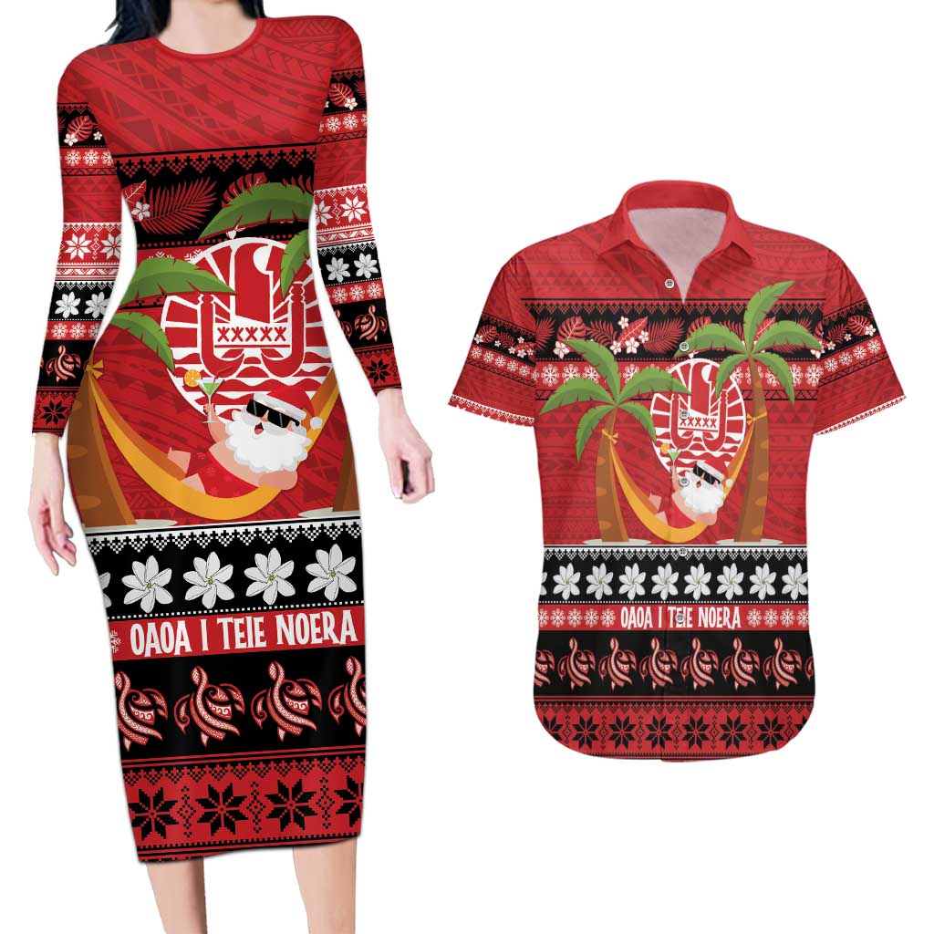 French Polynesia Christmas Couples Matching Long Sleeve Bodycon Dress and Hawaiian Shirt Tiare Chilling Santa Oaoa I teie Noera - Polynesian Pride