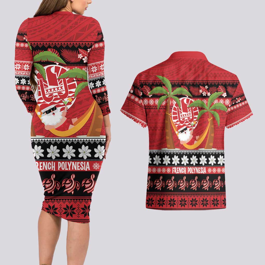 French Polynesia Christmas Couples Matching Long Sleeve Bodycon Dress and Hawaiian Shirt Tiare Chilling Santa Oaoa I teie Noera - Polynesian Pride