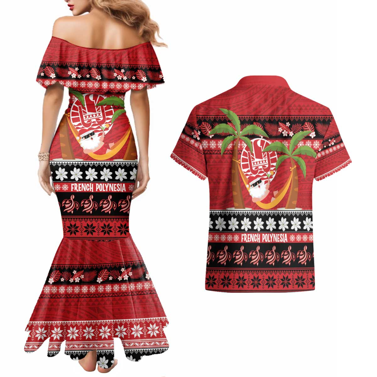 French Polynesia Christmas Couples Matching Mermaid Dress and Hawaiian Shirt Tiare Chilling Santa Oaoa I teie Noera - Polynesian Pride