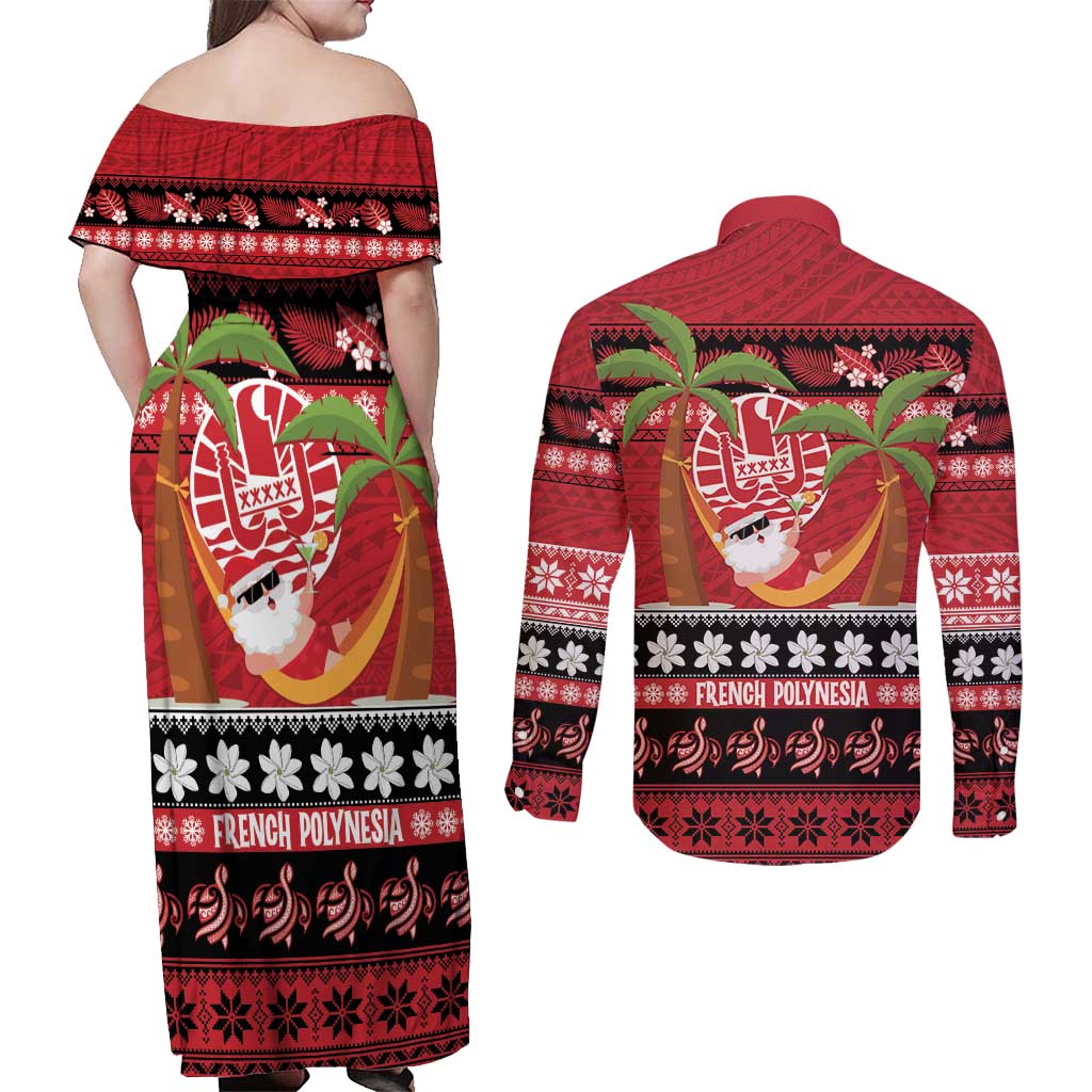 French Polynesia Christmas Couples Matching Off Shoulder Maxi Dress and Long Sleeve Button Shirt Tiare Chilling Santa Oaoa I teie Noera LT14 - Polynesian Pride