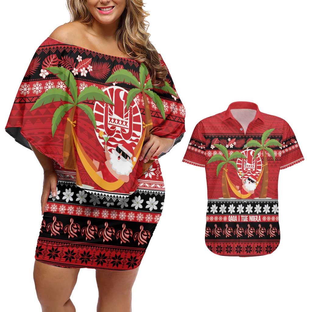 French Polynesia Christmas Couples Matching Off Shoulder Short Dress and Hawaiian Shirt Tiare Chilling Santa Oaoa I teie Noera - Polynesian Pride