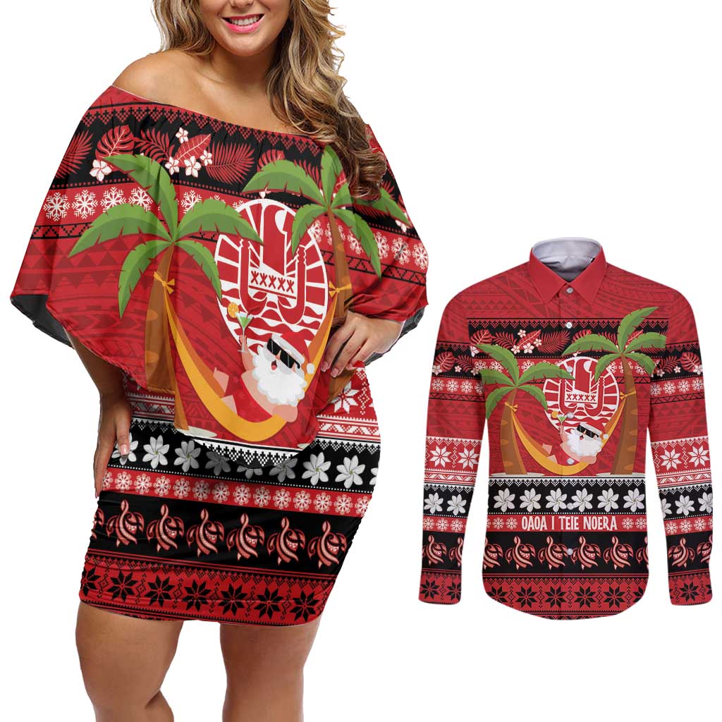 French Polynesia Christmas Couples Matching Off Shoulder Short Dress and Long Sleeve Button Shirt Tiare Chilling Santa Oaoa I teie Noera - Polynesian Pride