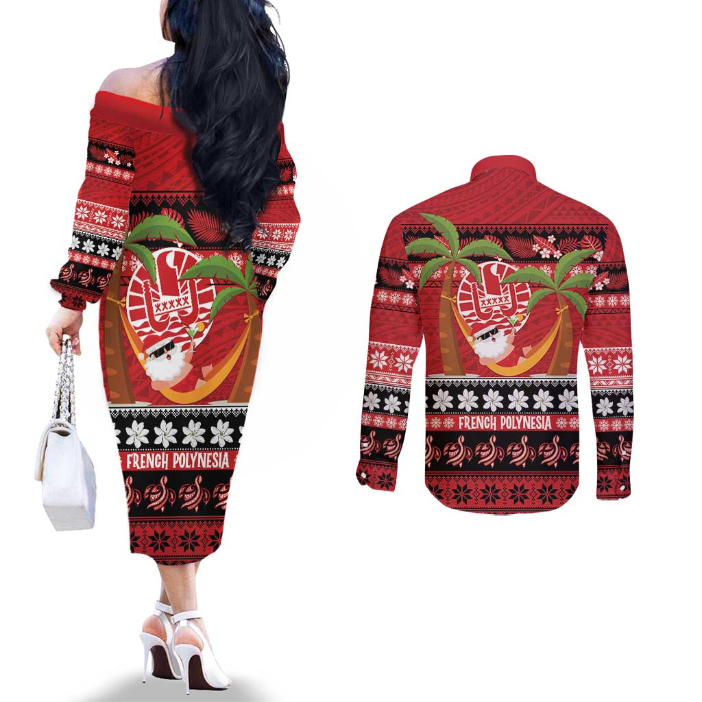 French Polynesia Christmas Couples Matching Off The Shoulder Long Sleeve Dress and Long Sleeve Button Shirt Tiare Chilling Santa Oaoa I teie Noera - Polynesian Pride