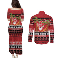 French Polynesia Christmas Couples Matching Puletasi and Long Sleeve Button Shirt Tiare Chilling Santa Oaoa I teie Noera LT14 - Polynesian Pride