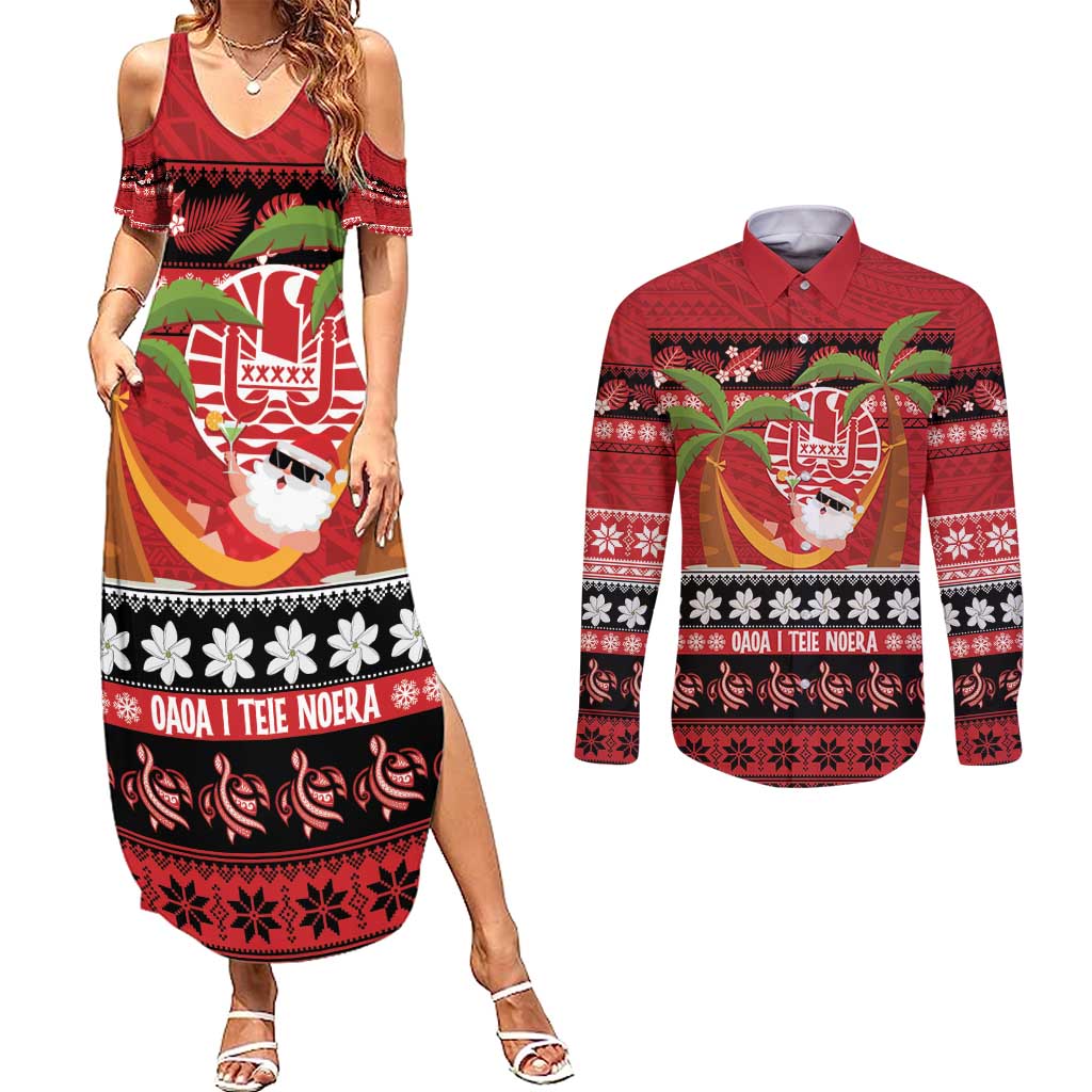 French Polynesia Christmas Couples Matching Summer Maxi Dress and Long Sleeve Button Shirt Tiare Chilling Santa Oaoa I teie Noera LT14 Red - Polynesian Pride