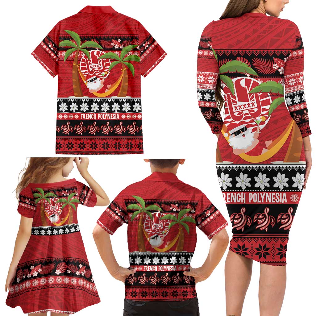 French Polynesia Christmas Family Matching Long Sleeve Bodycon Dress and Hawaiian Shirt Tiare Chilling Santa Oaoa I teie Noera - Polynesian Pride