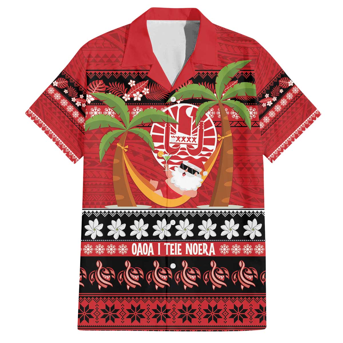 French Polynesia Christmas Family Matching Off The Shoulder Long Sleeve Dress and Hawaiian Shirt Tiare Chilling Santa Oaoa I teie Noera - Polynesian Pride