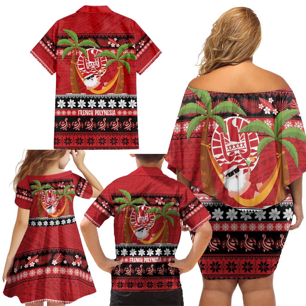 French Polynesia Christmas Family Matching Off Shoulder Short Dress and Hawaiian Shirt Tiare Chilling Santa Oaoa I teie Noera - Polynesian Pride