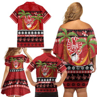 French Polynesia Christmas Family Matching Off Shoulder Short Dress and Hawaiian Shirt Tiare Chilling Santa Oaoa I teie Noera - Polynesian Pride