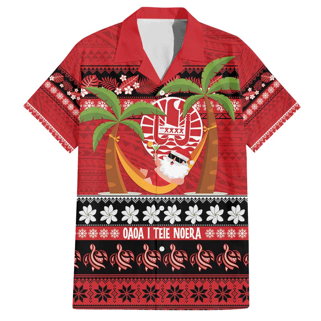 French Polynesia Christmas Family Matching Off Shoulder Short Dress and Hawaiian Shirt Tiare Chilling Santa Oaoa I teie Noera - Polynesian Pride