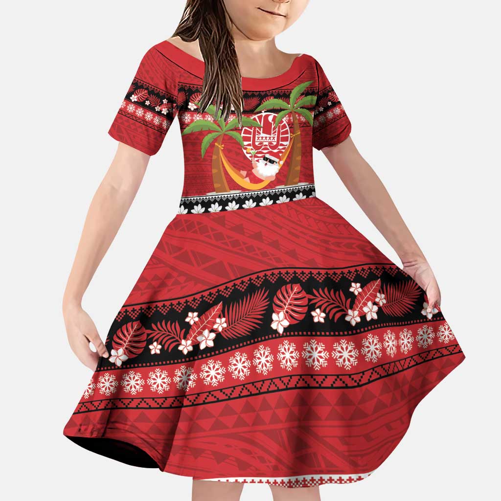 French Polynesia Christmas Family Matching Puletasi and Hawaiian Shirt Tiare Chilling Santa Oaoa I teie Noera LT14 Daughter's Dress Red - Polynesian Pride