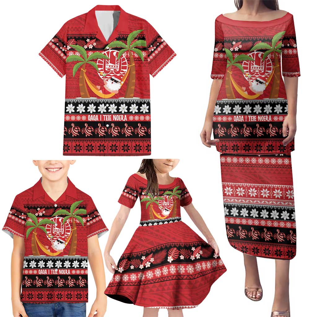 French Polynesia Christmas Family Matching Puletasi and Hawaiian Shirt Tiare Chilling Santa Oaoa I teie Noera - Polynesian Pride