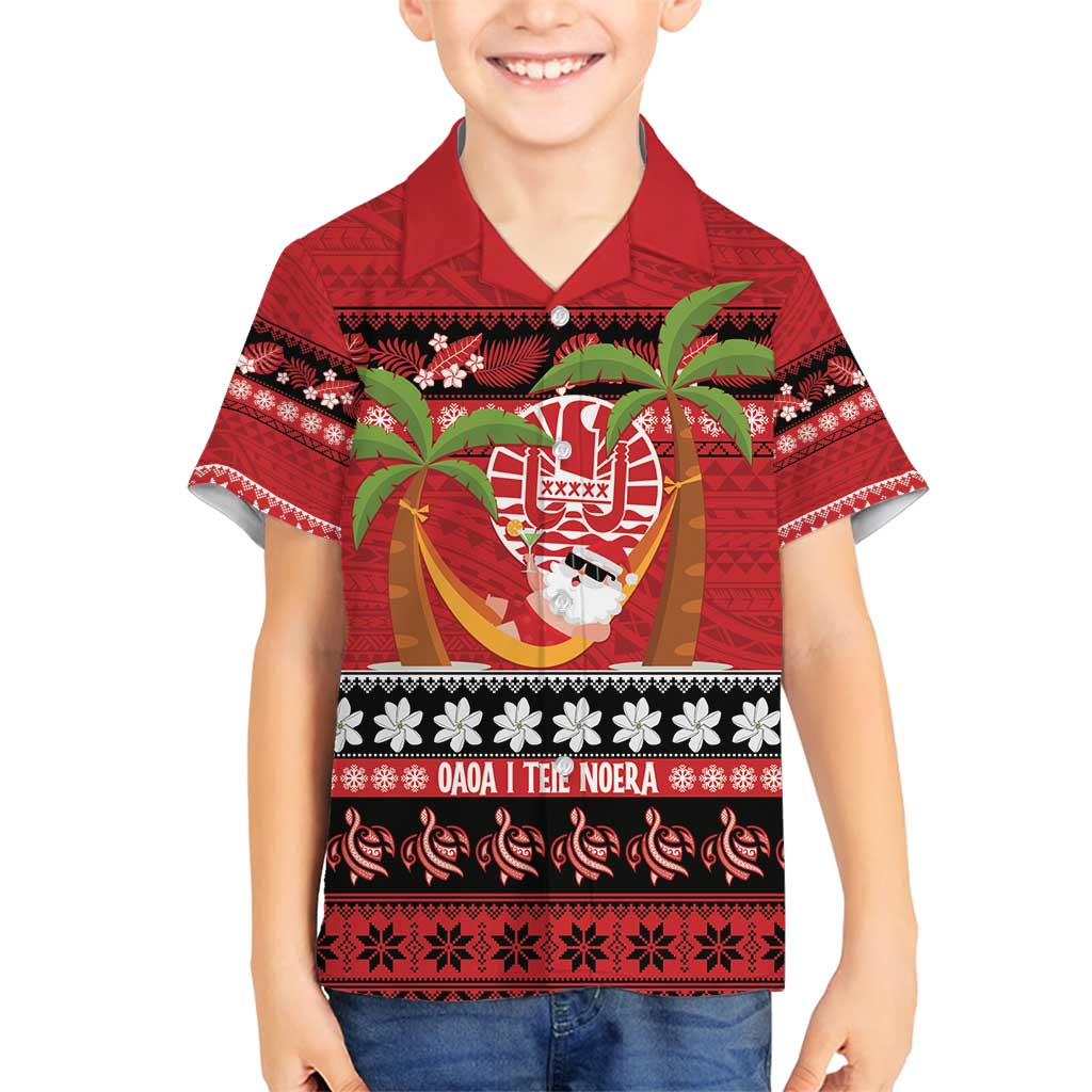 French Polynesia Christmas Family Matching Puletasi and Hawaiian Shirt Tiare Chilling Santa Oaoa I teie Noera LT14 Son's Shirt Red - Polynesian Pride