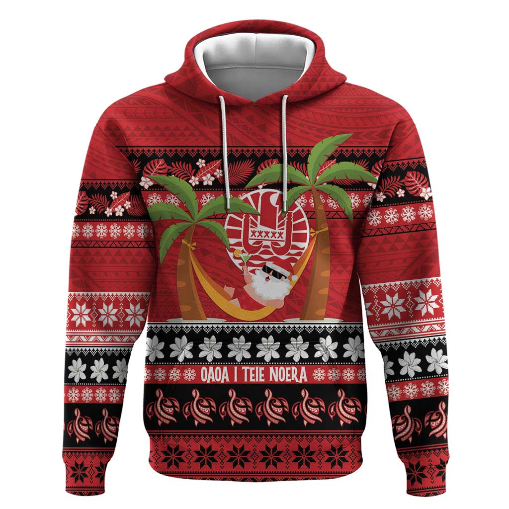 French Polynesia Christmas Hoodie Tiare Chilling Santa Oaoa I teie Noera - Polynesian Pride