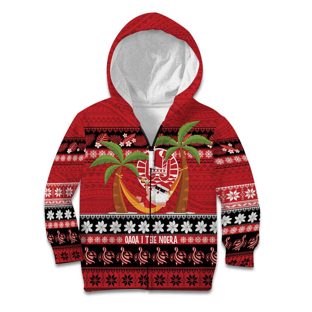French Polynesia Christmas Kid Hoodie Tiare Chilling Santa Oaoa I teie Noera - Polynesian Pride