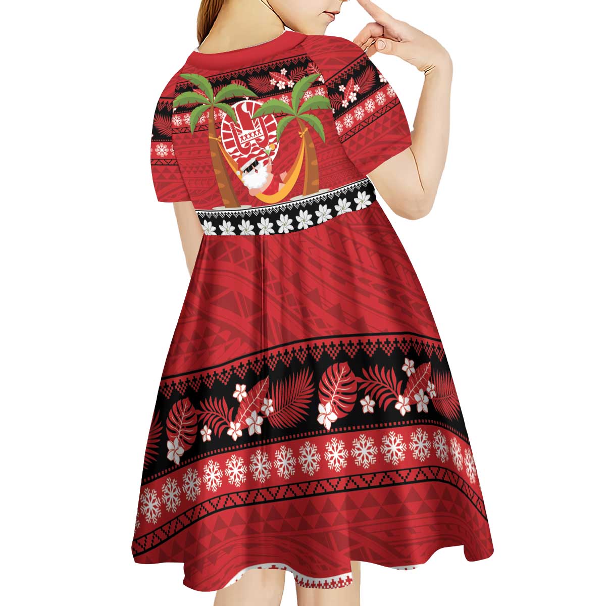 French Polynesia Christmas Kid Short Sleeve Dress Tiare Chilling Santa Oaoa I teie Noera - Polynesian Pride