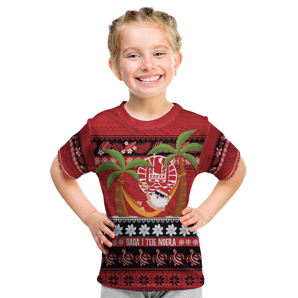 French Polynesia Christmas Kid T Shirt Tiare Chilling Santa Oaoa I teie Noera - Polynesian Pride