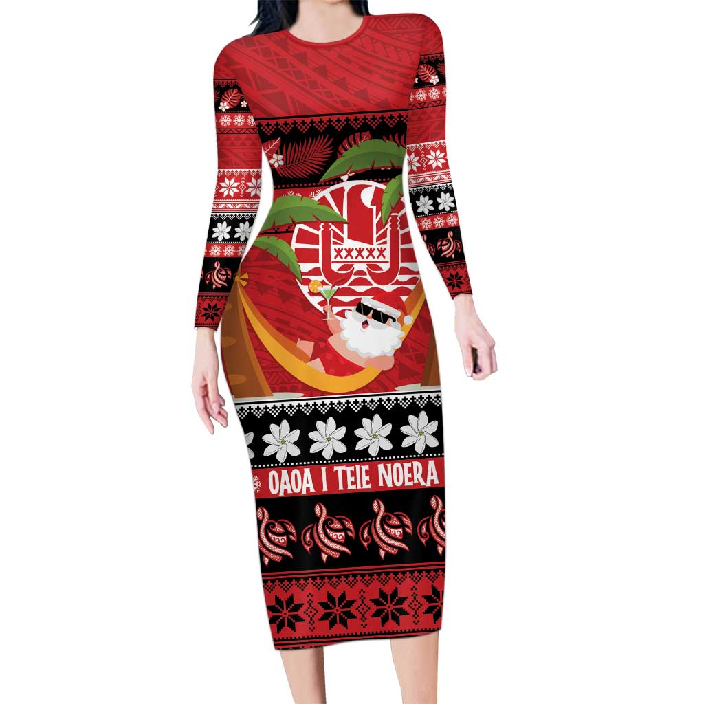 French Polynesia Christmas Long Sleeve Bodycon Dress Tiare Chilling Santa Oaoa I teie Noera - Polynesian Pride