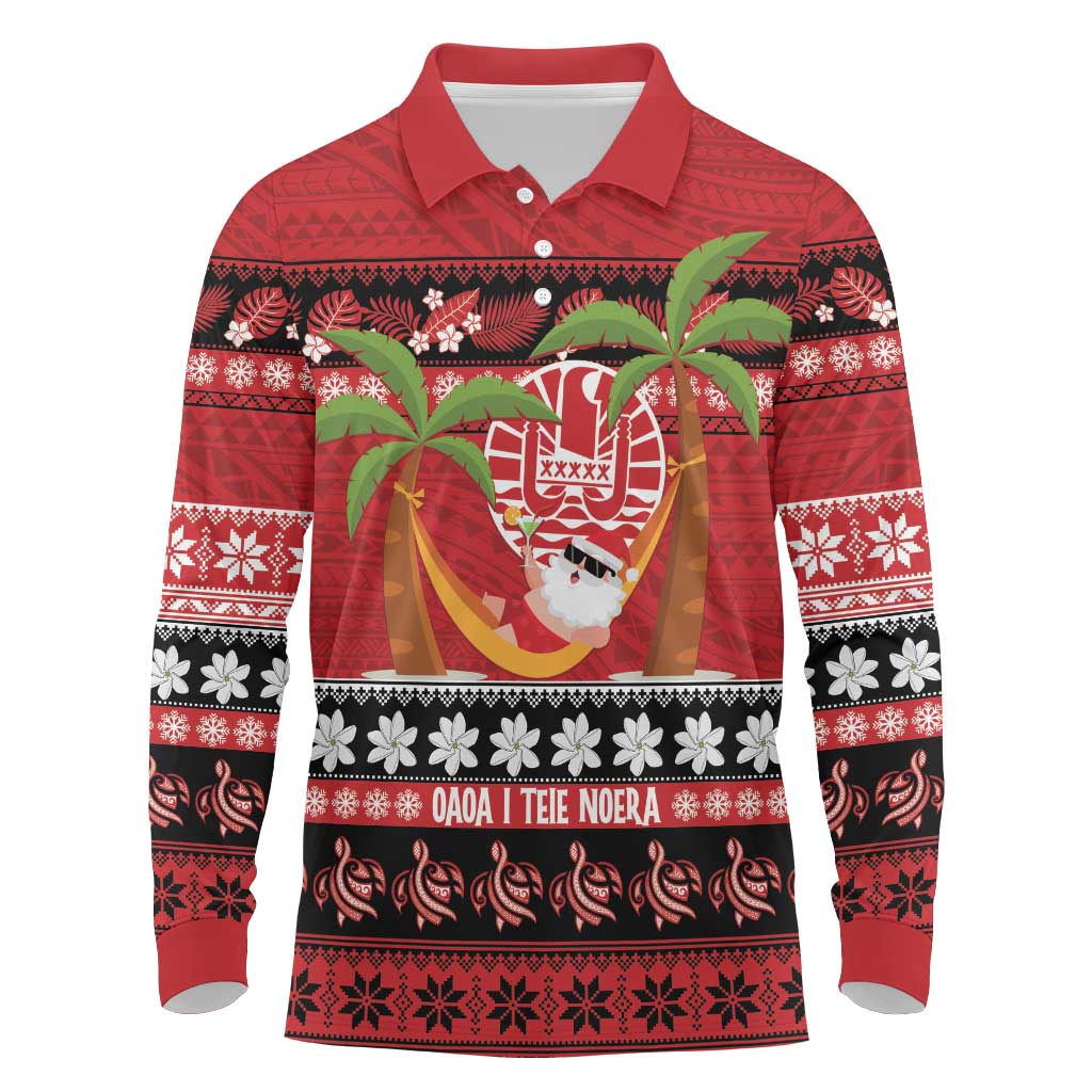French Polynesia Christmas Long Sleeve Polo Shirt Tiare Chilling Santa Oaoa I teie Noera - Polynesian Pride