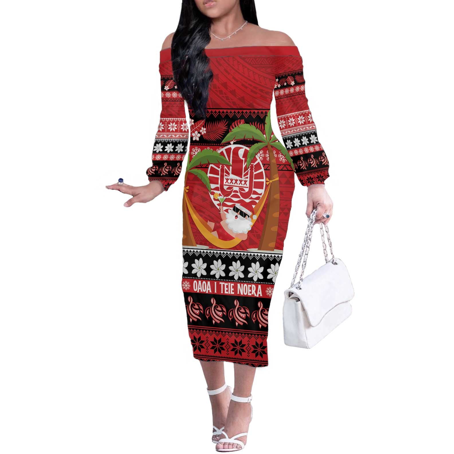 French Polynesia Christmas Off The Shoulder Long Sleeve Dress Tiare Chilling Santa Oaoa I teie Noera - Polynesian Pride