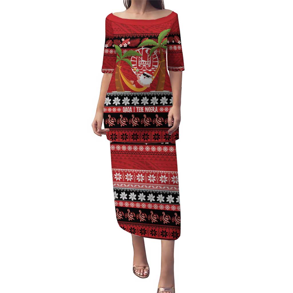 French Polynesia Christmas Puletasi Tiare Chilling Santa Oaoa I teie Noera LT14 Long Dress Red - Polynesian Pride