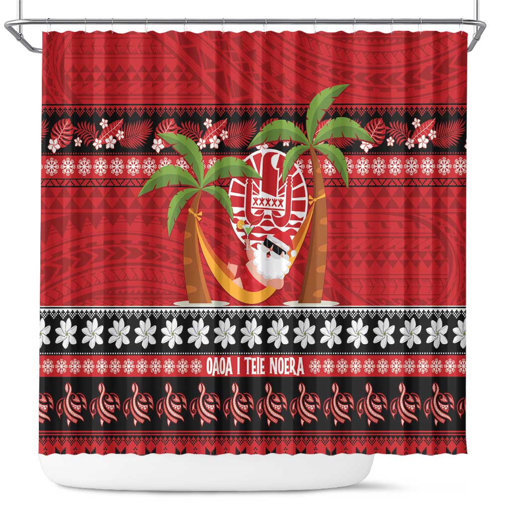 French Polynesia Christmas Shower Curtain Tiare Chilling Santa Oaoa I teie Noera LT14 Red - Polynesian Pride