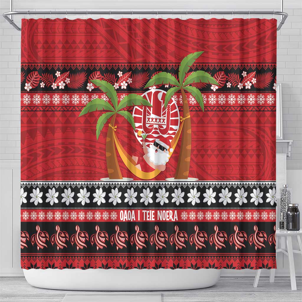 French Polynesia Christmas Shower Curtain Tiare Chilling Santa Oaoa I teie Noera LT14 - Polynesian Pride