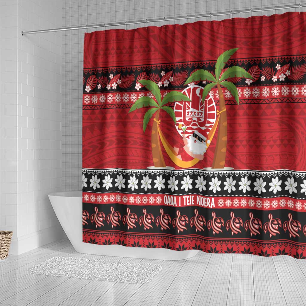 French Polynesia Christmas Shower Curtain Tiare Chilling Santa Oaoa I teie Noera LT14 - Polynesian Pride