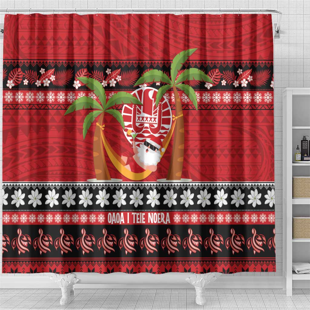 French Polynesia Christmas Shower Curtain Tiare Chilling Santa Oaoa I teie Noera LT14 - Polynesian Pride