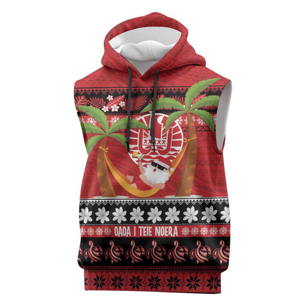 French Polynesia Christmas Sleeveless Hoodie Tiare Chilling Santa Oaoa I teie Noera LT14 Red - Polynesian Pride