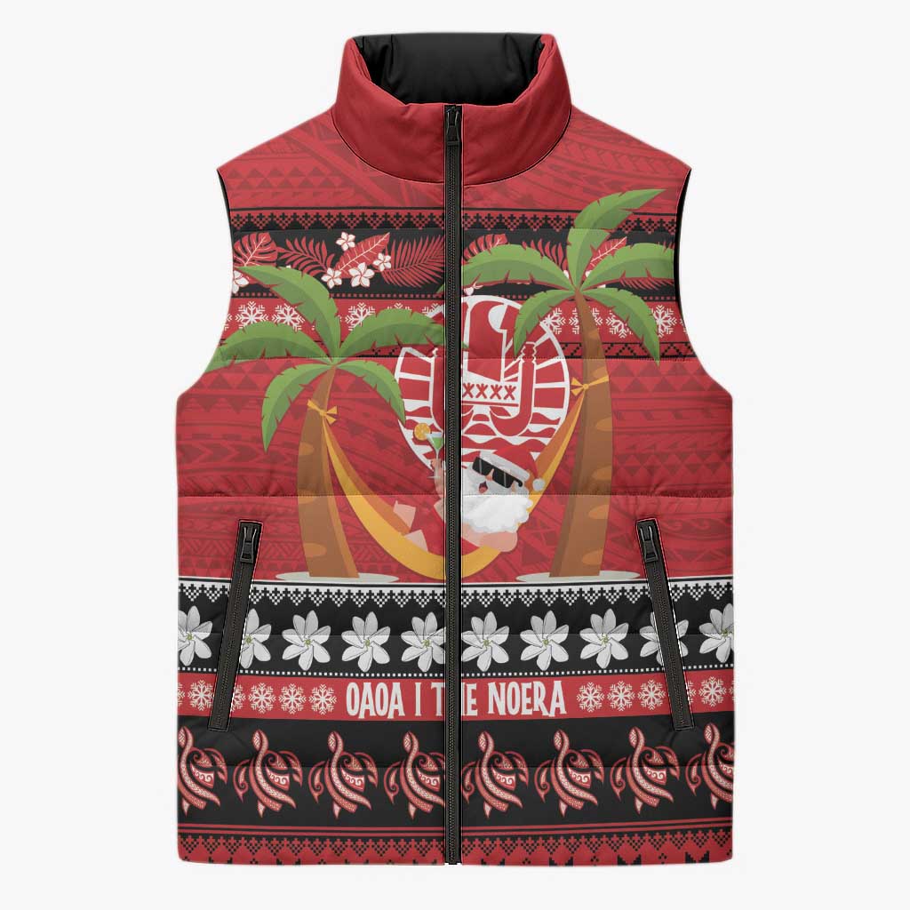 French Polynesia Christmas Sleeveless Puffer Jacket Tiare Chilling Santa Oaoa I teie Noera - Polynesian Pride