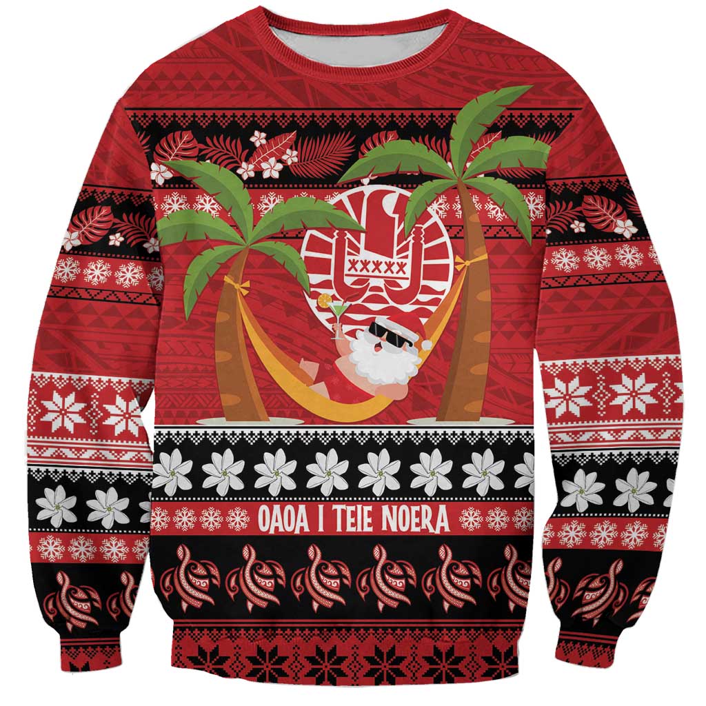 French Polynesia Christmas Sweatshirt Tiare Chilling Santa Oaoa I teie Noera - Polynesian Pride